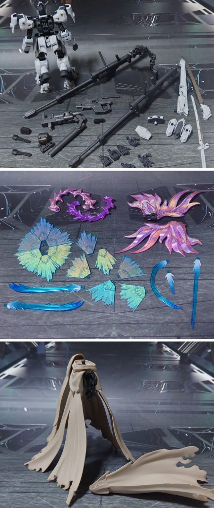 オプションパーツ各種。オプション装備、こちらも再構築前からの装備を引き継ぎ。ガンプラからは、雑誌付録の210mm対物ライフルを2丁用意。HGIBOクタン参型に付属する、バルバトス用腰裏ジョイントを流用して装備します。他は他社パーツから、ビームソード、ビームシールド、マシンガン、フォールディングキャノン、大型実体剣、そしてエフェクトパーツとマント装備。■塗装レシピ白:黒サフ→灰色9号→つや消しグレー:黒サフ→ニュートラルグレー→つや消しガンダムフレーム・濃グレー:黒サフ→MSグレー連邦系→つや消しポリキャップ:PPプライマー→MSグレー連邦系→つや消し武器類グレー:黒サフ→ガンメタル→光沢フォールディングキャノン弾丸:黒サフ→ゴールド→光沢ビームソードグリップ、武器ラック:黒サフ実体剣刃:黒サフ→ダークブルー→メタルシルバー→光沢ビームソードエフェクト(クリアブルー成型):先端側にメタリックブルー→根元側にベースホワイト→光沢ビームシールドエフェクト(クリアブルー成型):ガンダムマーカー・光の翼ホロブルー→光沢翼エフェクト(クリアパープル・ラメ入り成型クリアピンク成型):ガンダムマーカー・トランザムホロレッド→光沢マント:裾の縁をリアルタッチマーカー・ブラウンで軽く汚し→全体につや消しツインアイ:キット付属シールを使用その他部分塗装、墨入れ:ガンダムマーカー各種→つや消し