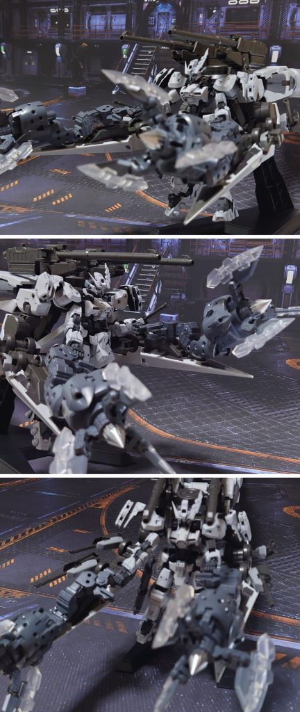 ヤヒロワニとのドッキング、クローアーム展開。クローアームは重いので、クタン側の本体とアーム接続の角度を変更して垂れ下がりを防ぎ、クタンのアームに2箇所の3mm穴を介して接続。鉄血オプションセットのバルバトスルプス用200mm滑腔砲の余りを4個取り付け、火力もアップ。