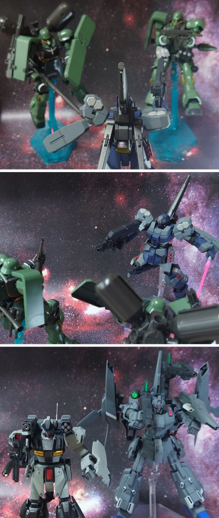 作戦、とは…スターク・ジェガンとバックパックを交換し、推力と防御力を活かして突貫。後ろからスターク・ジェガン(キャノン装備)、リゼル・ディフェンサーに援護させる、というものだった。果たして、“袖付き”のベテラン兵に通用するか?