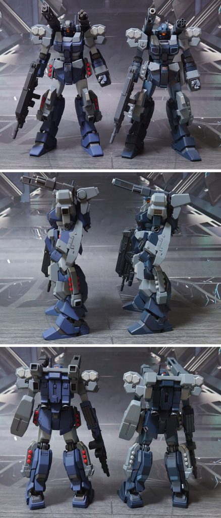 ガンダムマーカー素組みのジェスタ・キャノンと比較。■塗装レシピ青:黒サフ→アマゾンブルー→つや消し薄グレー:黒サフ→明灰白色→つや消しグレー:黒サフ→呉海軍工廠グレイ→つや消し白:グレーサフ→ロイヤルライトグレイ→つや消し関節類グレー:黒サフ→ブライトガンメタル→つや消しバイザークリアパーツ:光沢ハンド・グレネード赤:グレーサフ→MSレッド→つや消しビーム・ライフル黒:黒サフ→MSグレー連邦系→つや消しビーム・キャノン、4連マルチ・ランチャーグレー:黒サフ→ガンメタル→つや消しポリキャップ:PPプライマー→(各色)エッチングパーツ:メタルプライマー→黒サフ→ブライトガンメタル→つや消しビームサーベルエフェクト:先端側にメタリックレッド→根本側にベースホワイト→全体に蛍光レッドバイザー内モノアイディティール:市販のレンズ型プラパーツと市販シール素材を併用センサー類:キット付属シールを使用その他部分塗装、墨入れ:ガンダムマーカー各種→つや消し