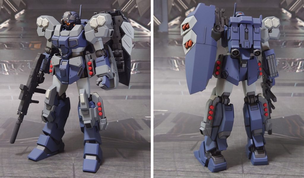 ジェスタ・キャノンのキャノン抜きシールド載せで前後ろ。バックパック側面に貼っていたディティールアップパーツを(キャノンが取り付けられなくなるので)剥がした際に表面が荒れたので、幻の装備形態となりました。