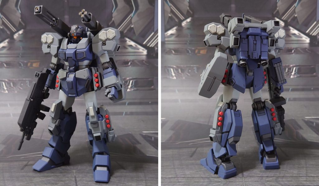 ジェスタ・キャノン、前後ろ。工作は、ゲート痕処理、エッジ尖らせ、パーティングライン・段ズレ・ヒケの対処、合わせ目消し、肉抜き穴埋め、面出し、市販パーツ貼り付け・埋め込みによるディティールアップを実施。合わせ目消しは頭部、肩アーマー2種、前腕、左前腕の追加装甲、股関節腿側、太腿、膝関節、バックパックのビーム・キャノン、4連マルチ・ランチャー、ビーム・ライフル2種、自分に可能な範囲で実施。パーツを後ハメした際に、合わせ目が少し復活してしまった箇所もありますが…次回の改善目標、ということにします。