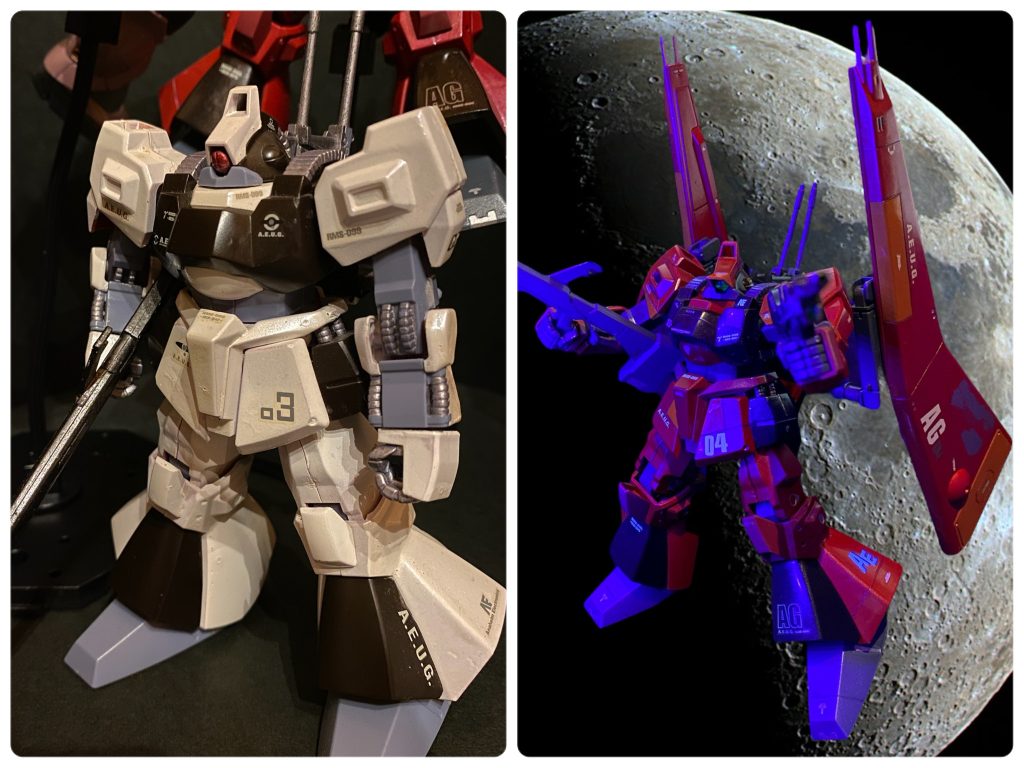 実はリック・ディアスは以前に作った事があり、今回のランダムバインダーもそこから拝借したものになります。エコール・デュ・シエルのアスナ機として、生まれて初めてスプレーで色変え塗装をしたんですが、塗装の知識も全く無く冬のベランダでダンボール箱の上でスプレーを吹き、塗膜はゴツゴツで荒いわ、厚いわ、下地も透けてるわと今見ると散々な出来wそこから比べても自分のガンプラ作りの腕の上達を再確認出来た、今回の制作でした。今でもまだまだだけど、この頃と比べたら本当に出来る事が増えた(zaku-kao9)