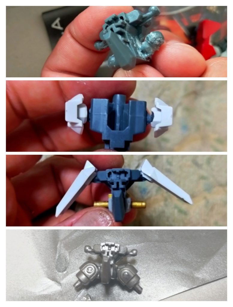 大まかな作業工程。ついでに腰アーマーの可動範囲を広げるように加工。パーツやプラ板切って貼ったり太ももに差す凸ジョイントも削ったりで大変でした。