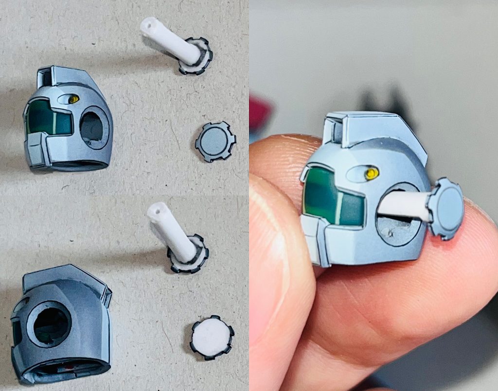 今回特にプロポーションなどの改修はしておりませんで、腕と背中のシールド取り付け穴を埋めたくらいでしょうか。シールドはマグネット装着加工。で、ジムと言えばの耳？の丸いトコ。キットはここのモールドが甘いのですが、彫り直す程の腕も無く😭仕方なくプラ板で作ってハメてと、地味に難儀しました。