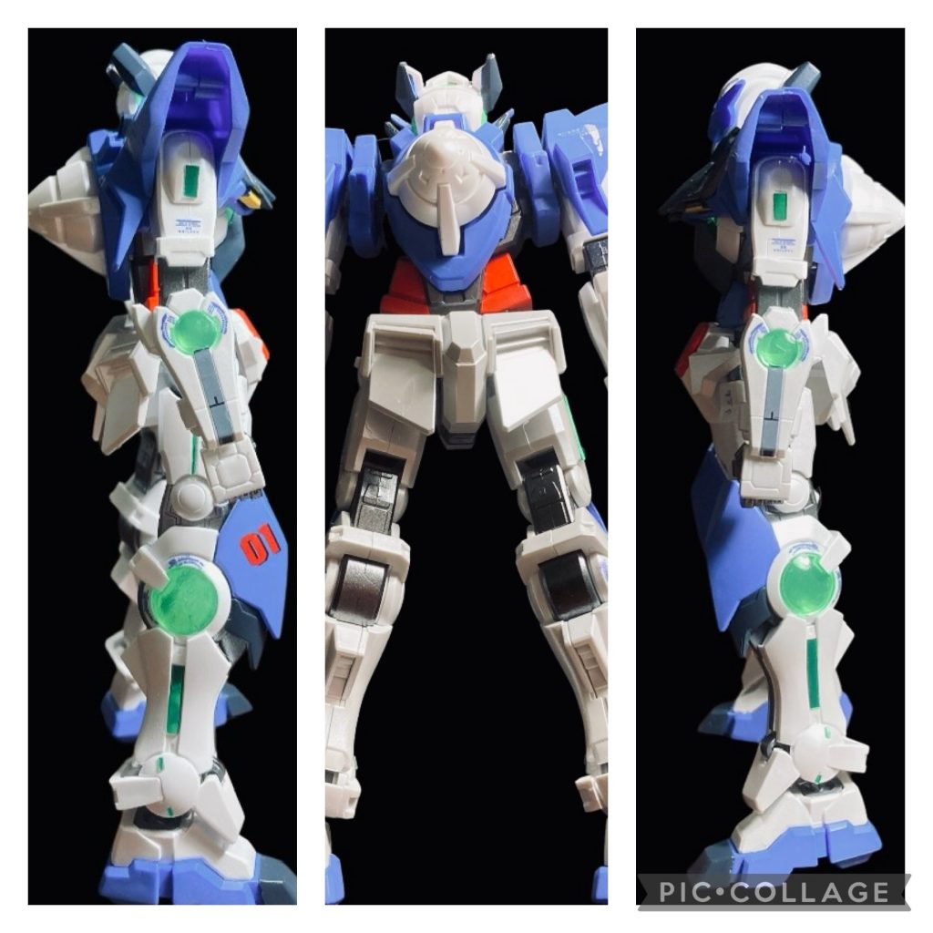 自分の中ではダブルオー系は完全にオーパーツ扱い、そこら中光ってるイメージなので、スミではなく光るシールをあちこちに貼ってます。