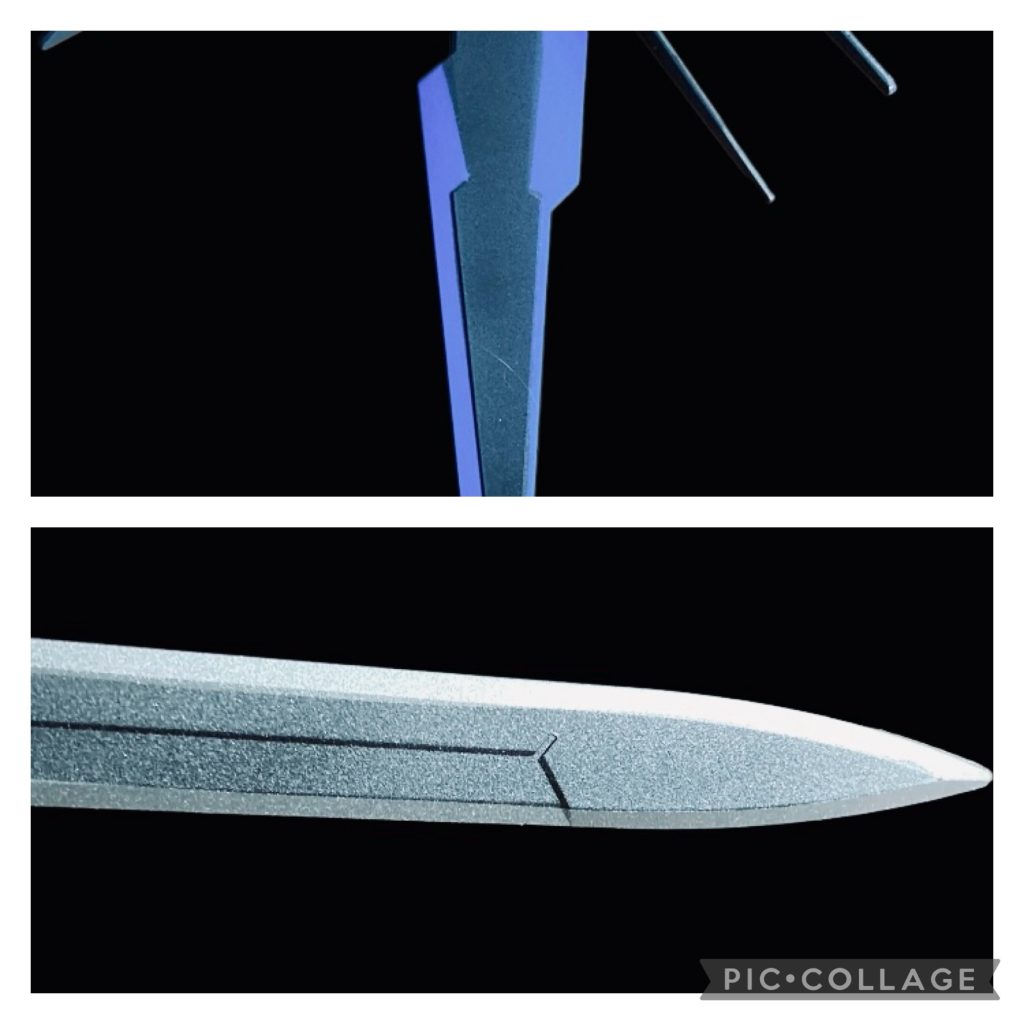 苦労した塗り分け。ウィングは間延びしてる感じがしたので中心にアクセント、実剣は刃部分と峰?を塗り分けました。曲がるマスキング便利ー