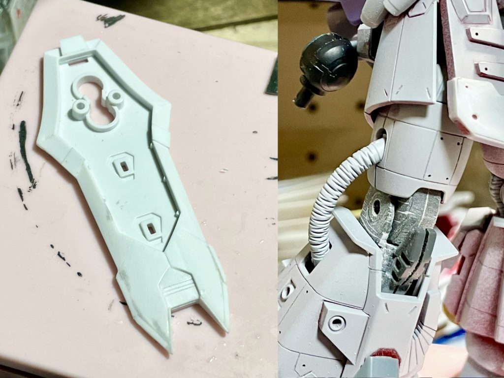 盾はMGの形状が好きなのでプラ板でそれっぽく変更膝関節はサイコザクのパーツの皺のディテールをパテ盛ってから削り落としました肘はちょいめんどうだったのでサイズ的にちょうどよかったシュバルゼッテの肩関節パーツに置き換えています比較写真撮り忘れましたが顔のバイザー部分はプラ板で厚くして目つきを悪くしています