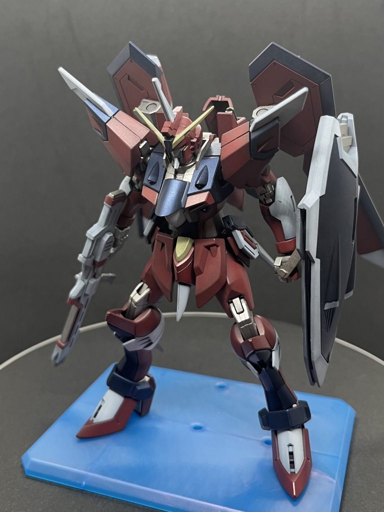 ガイア黒サフ立ち上げで、半光沢仕上げです。赤：水性Hあずき色白：水性Ｈディアクティブホワイト紺：ガイアPブルーブラック黄：水性Hサンドイエロー青：水性Hミディアムブルーフレーム：F'sライトガンメタル