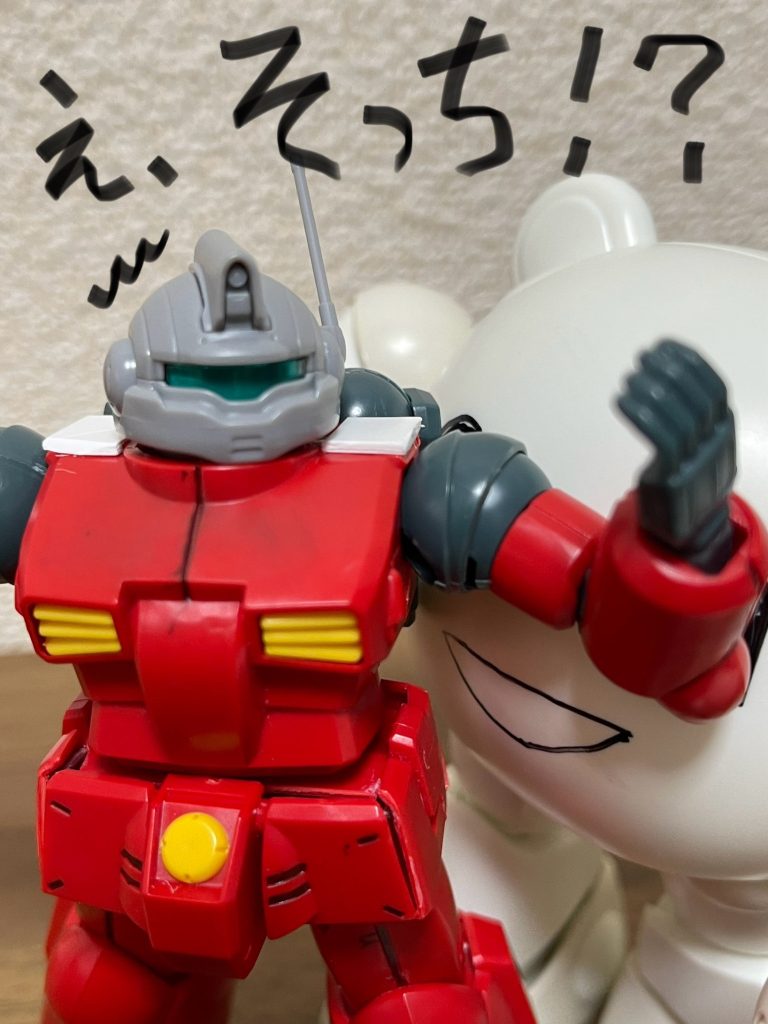 H「しっかりタンクしてもらいますよ。ガンダムさんを安全に敵陣の本丸まで送り届けてもらいます。」T「いや、まだ納得したわけじゃ・・」H「ガンダムを保護するタンク役、略してガンタンクなんつってw」T「バカじゃないの？バガじゃないの？？おまえバガじゃないの？？？ヒゲ。」