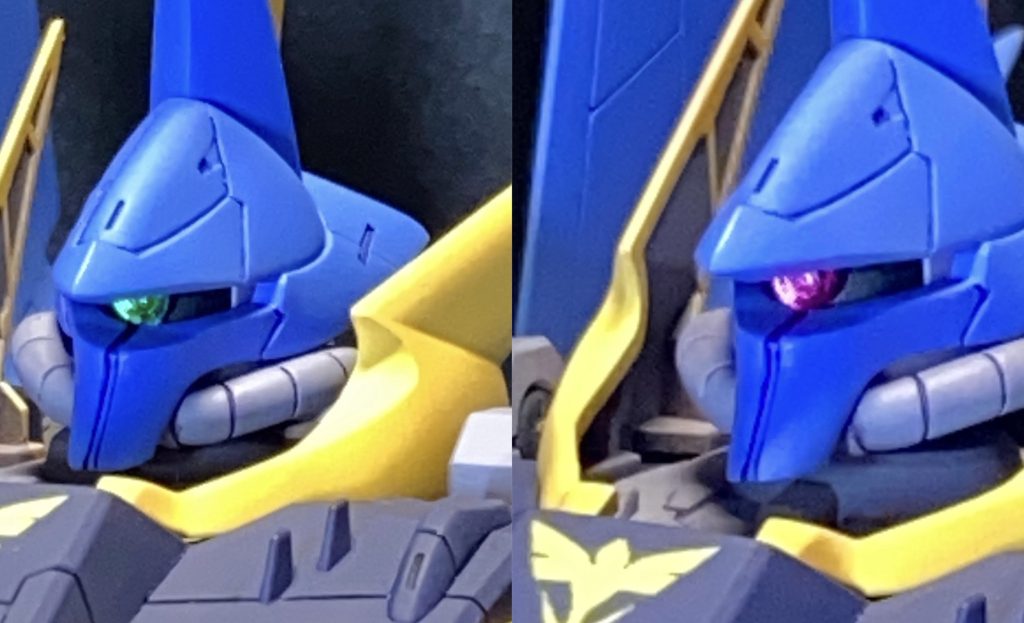 イラストではモノアイが消灯していてカラーが不明のため、緑とピンクを用意。色が判明したら取り付けるつもりが、分からないまま作品が完結してしまいました。今後ゲームに出てくれるとありがたいのですが…