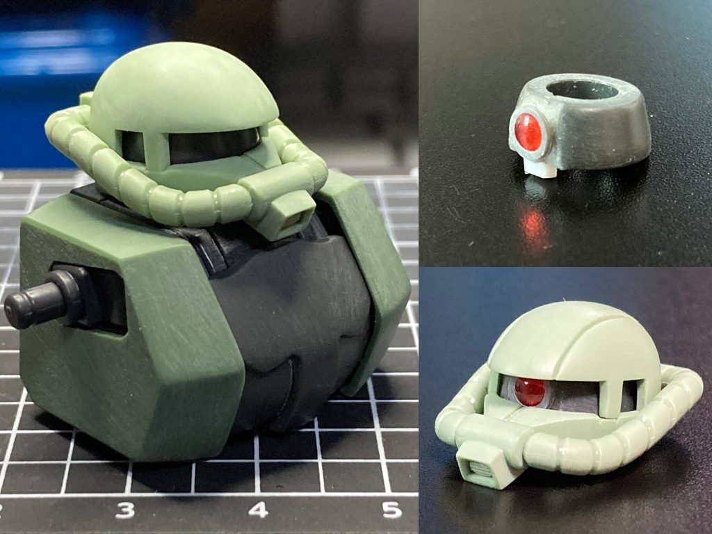 【各部改修箇所】頭部:前頭部をなだらかに削り込み。モノアイはWAVEのクリアパーツ+コトブキヤの丸ノズルを埋め込み。