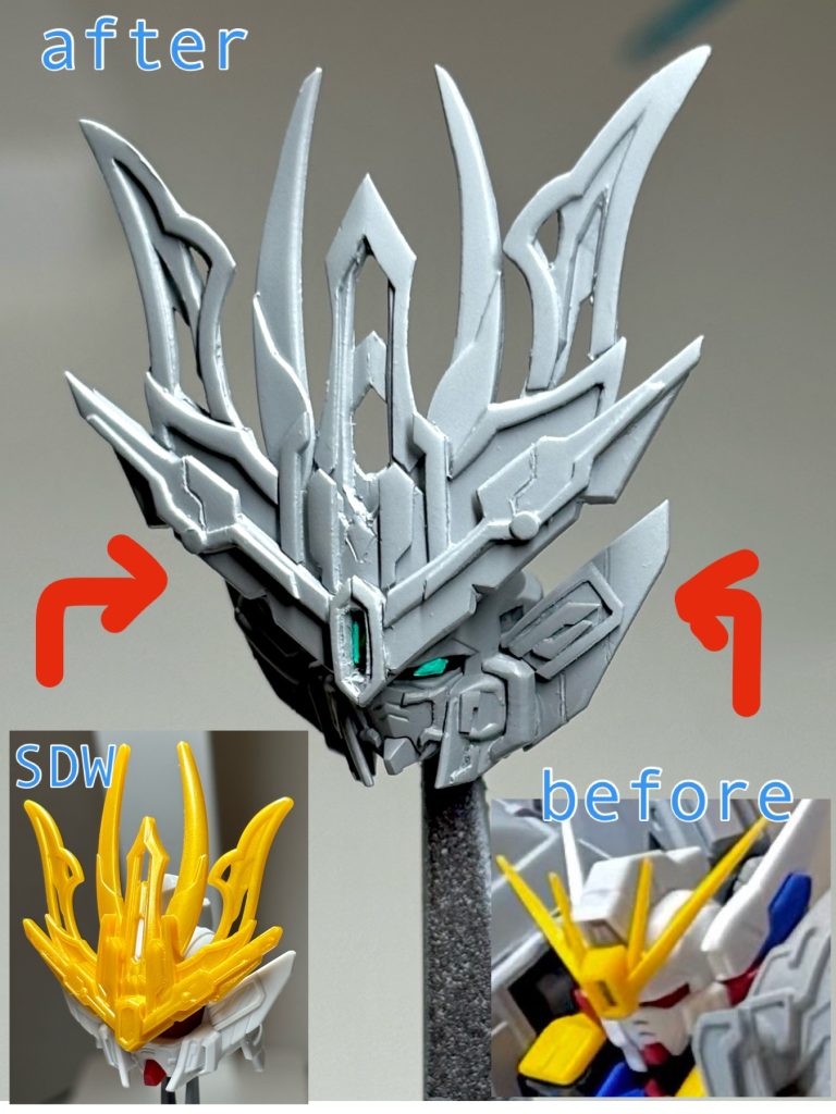 素体のRGウィングEW、イケメンですがRGとはいえ流石に10年以上前のキット。意匠改造の際にマスクのへの字やおちょぼ口、小さな瞳の拡大、瞳を隠すヒサシの削り込みなど曹操本体は顔を一番激しく改修しました💪🏻隠すの勿体無いので顔のエフェクトも半分だけです笑