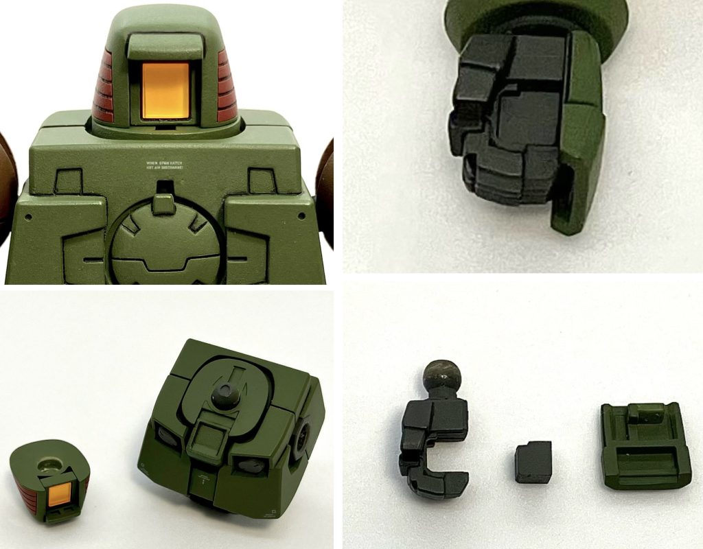 頭部を切り離して少々手を加え、頭が回転できるように改造しました。プラ板を積層して、左手首の穴を塞ぐブロックを作りました。(右手首用も用意したのですが、紛失しました…)