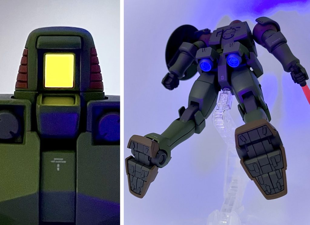 頭部カメラは底面に銀色のラピーテープを貼り付け、クリアパーツ裏面を半透明に調色した蛍光カラー、表面にはクリアーを塗装してピカピカに仕上げました。頭部カメラとスラスター内部とサーベル刃は、蛍光塗料を混ぜて塗装したので、ブラックライトでうっすら光ります。