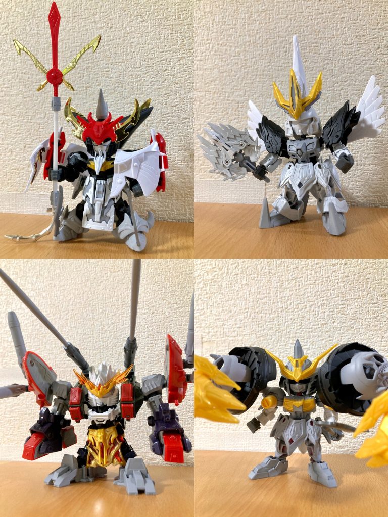 また魔星大将軍キットに付属の三羅将に対応して、SD三国創傑伝Ver.デビルガンダム四天王といったコンセプトでそれぞれオリジナル武将として製作しました。人選は、典韋と同様に「赤壁の戦いより前に曹操軍から喪われた逸材」という共通項で設定しています。3体ともノーマルモード・アタックモードの特徴的な二形態に変形可能です。・郭嘉ガンダムヘブンズソード羅将天国途パーツの特徴的な帽子と羽根を活用しつつ、夏侯惇トールギスⅢ、曹操ウイングガンダム等のパーツを組み合わせて割とオーソドックスな三国創傑伝武将として造型しました。アタックモードでは張飛ゴッドの腕＆徐晃デスサイズのつま先を巨大な鳥の脚に見立てた組み替えで再現しています。モデル人物の郭嘉は、曹操軍の前期に活躍した名参謀で、呂布・劉備・袁紹らとの戦いで先見性に優れた数々の助言や献策を行った事で有名ですが、若くして病没したため「郭嘉が存命であれば赤壁の大敗は無かっただろう」と曹操が嘆いた逸話がよく知られています。本作品の主題である典韋と同様に早逝が惜しまれる曹操軍の武将という事で、今回の三大軍師構想の起点となりました。・戯志才グランドガンダム再現造型が最も悩ましかったキャラですが、試行錯誤を経て何とかそれっぽい形状に組み合わせる事が出来ました。サージェントヴェルデバスターDXセットを基軸に、SD武者烈伝の鉄機武者斎胡やパワードアームズパワーダー等で特徴的な形状を再現しています。腕部を引き出して前脚のように接地させ、身体を下向きに倒してツノ・筒状の長柄の武装を前面に据える事で、衝車や戦槌といった攻城兵器をイメージしたアタックモードに変形します。モデル人物の戯志才は、比較的マイナーな人物で『三国志演義』には登場せず、正史『三国志』にも僅かな記述しかありませんが、曹操軍旗上げ初期の頃「戯志才が亡くなったので曹操は共に軍略を語る相手がいなくなった」と嘆く描写が正史の郭嘉伝・荀彧伝に見られ、これを受けて荀彧が亡き戯志才に匹敵する人材として見出した郭嘉を曹操に推挙する、という流れが紹介されます。戯志才自身の功績や詳細は一切不明ながら「曹操と荀彧が才能を認め、郭嘉に匹敵する軍師だった」という逆説的・間接的な高評価を遡り得るという点で非常に面白い人物です。優れた策略家だった他には一時期世俗を避けて隠遁生活を送っていたらしい、くらいの事しかわからないのですが、今回そちらをモチーフに引き篭もって攻城兵器を開発していた専門職気質の戦術家、といった設定でグランドガンダムのゴツい外見に関連付けて創作しました。・陳宮ウォルターガンダムウォルターガンダムは元々ノーマルモード時点で三本脚かつ腕部が伸縮アーム状という異形のデザインですが、今回通常形態では一般的な創傑伝武将と同様の人型で、肩部に巨大なアーマーを装備する形式にアレンジしました。(※BB戦士三国伝漫画版に登場する帯来洞主ウォルターガンダムに着想を得ています。)素体はやや小柄な体型を意識して、徐晃デスサイズの頭部や典韋マスターの肩部、ウォーロックイージス等のパーツを組み合わせました。特徴的な口元は羅将宇折堕キットの意匠を切り整えて配置し、肩部アーマーの基部にはサージェントヴェルデバスターDXセットの飛行ユニットを使用、ボールデンアームアームズの可動球状ジョイントで本体と接続しています。アタックモード時は肩部アーマーを直接胴体に接続する形で、モチーフ機体のシルエットを再現しました。モデル人物の陳宮は、はじめ曹操に仕えて後に裏切り、敵対する呂布軍の参謀として活躍した武将です。戦死や病没で早逝が惜しまれた他の3人と少し毛色は違いますが、最終的に呂布が曹操に滅ぼされた際、捕縛され処刑台へ向かう陳宮に対して曹操が涙を流してその才能を惜しんだ、等の逸話が伝わる事から、同様に「曹操軍から喪われた人材」とする解釈で題材に含ませて頂きました。今回の妄想設定では創傑伝の呂布シナンジュが史実の呂布以上に陳宮の献策をガン無視するので早めに見切りを付けて離反した、そのため曹操軍への具体的な敵対行為をまだ実施してない状態だったのでギリギリ特例で再仕官可能だった…くらいのイメージで設定しています(※本人は致し方なくの復帰で、面従腹背のため、この後まだ2,3回は裏切りそうな怪しい風貌とさせて頂いております)。