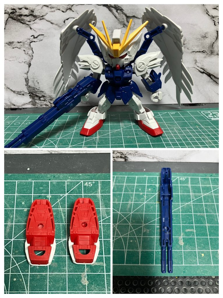 素組状態安価なキットな為、色分けが少なめかつ、肉抜きは多めですが、造形は良いと思います。(旧キット味があります…)また、ウィングゼロの最大の特徴である羽の可動がいまいちでした。可動部が羽の付け根のポールジョイントのみで、思う様に動かせない…