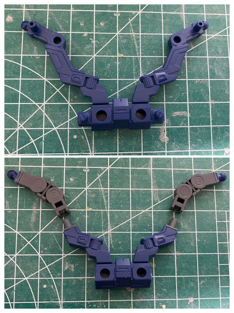 肉抜きは埋めるとして、羽の可動はなんとかしたい…なので、羽の取り付け部をぶった切り、可動用のパーツをボールデンアームアームズを使って作成しました!