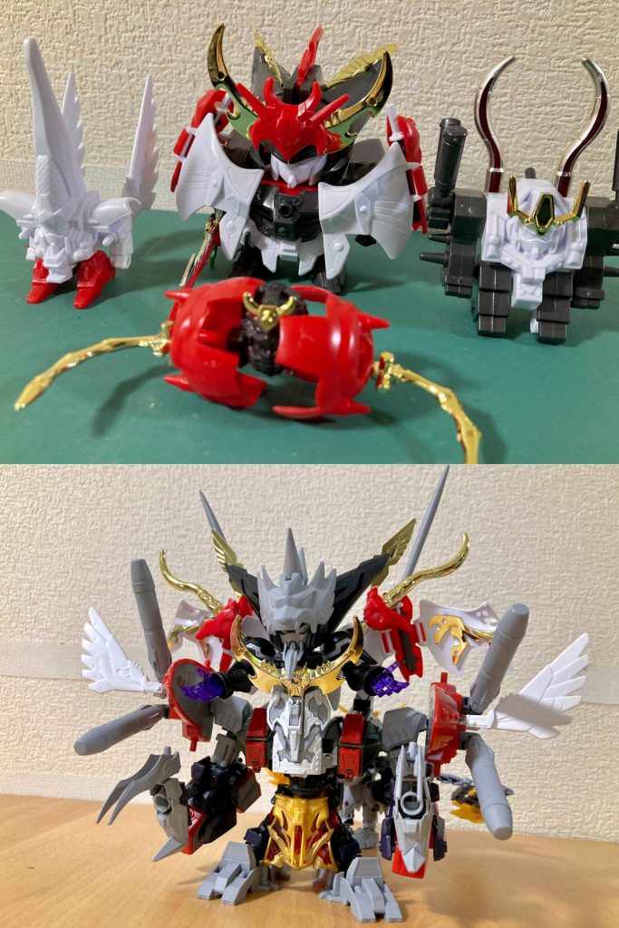 ・典郭戯陳グランドマスター大幕府デビルガンダム四天王といえばグランドマスターガンダム形態への合体が醍醐味なので、今回4体揃って合体するギミックを盛り込みました。造型は、大きめ体型のグランドガンダム部分を基盤にヘブンズソードの羽根や脚の意匠パーツを各部に接続、背部には差し替えの接続パーツ(※HG1/144 ジュアッグの蛇腹パーツ)を介してアタックモードのウォルターガンダムを繋げています。真正面にマスターガンダムの腰から上胴体を接続し、こちら魔星大将軍モチーフとしては「闇獣装の陣」に相当する形態という事で、頭部胸部の装飾や顔の形状など一部差し替えパーツで再現しました。かなり大ボリュームの合体形態となりましたが、全体的にそれなりにまとまった形状で再現する事が出来て良かったです。各接続部にボールデンアームアームズやガンプラバトルアームアームズといった堅牢性と可動性を有する接続方法を採用し、また中心部のサージェントヴェルデバスターDXセット(特に足裏接地面積)の恩恵で結構安定感があります。名称は史実の大将軍号に関連して「幕府」の語源である戦陣をイメージし、また「典郭戯陳」は4人の姓の列挙ですが正史『三国志』でよくあるパターンの「蜀志 関張馬黄趙伝」ような功臣の列伝を一まとめに称する際の慣習を意識しました。また機体元ネタである『機動武闘伝Gガンダム』での「東西南北中央不敗」といったようなドチャメチャな漢字羅列造語を強めのインパクトで出してくる傾向も意識しています。