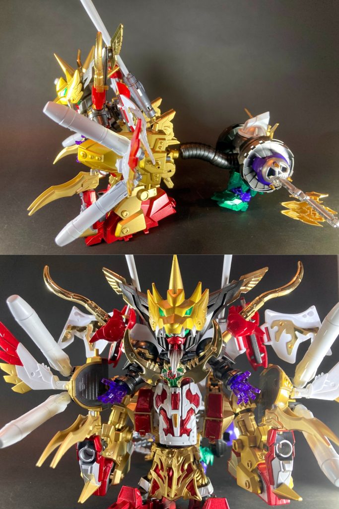  〜〜〜〜〜〜〜〜〜〜〜〜SD三国創傑伝に登場した典韋マスターガンダムの強化形態という設定で作りました。三国志では物語前半に曹操を守って戦死してしまう典韋なので、もし存命のまま大成していたら…という妄想IF設定を原点としています。三国創傑伝・典韋マスターガンダムのキットをベースに、『新SD戦国伝 超機動大将軍』より魔星大将軍の意匠を取り入れて造型しました。流派東方不敗の特徴的な構え等もポージングが出来るよう、全身にボールデンアームアームズを用いた可動改修を仕込んでいます。日本の歴史では慣例的に武士の棟梁を意味する大将軍ですが、元々は古代中国・戦国時代を起源に大陸の歴代王朝が継承してきた武官の最高位の官職で、三国志の時代にも曹操が後漢朝の大将軍、夏侯惇や司馬懿が魏王朝の大将軍に任じられていますので、そちらのイメージを重ねて設定しています。