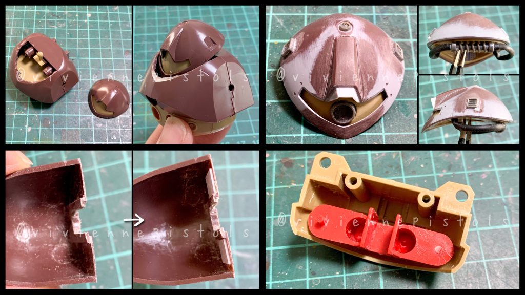 今回一番拘った加工箇所になります。顎を引くポージングを取るためにカットをし、動力パイプを追加しました。制作時に付けたり外したりしてる時にダボを折ってしました‥