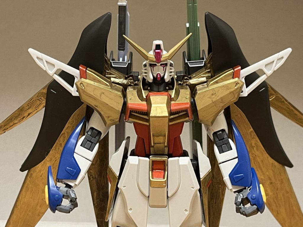 外観通常のデスティニーから、胸部・両肩・両腕・両腰・両脚の各部分に金色とピンク色のカラーリングが追加されている。機体構造動力源は、ハイパーデュートリオンから、超強化型のDGハイパワーエンジンに変更されており、アンリミテッドエンジンと遜色の無い無尽蔵のエネルギーが誇り、出力を最大値にして稼働すると、特殊な核爆発現象「ハイパワービッグバン」を引き起こす事ができる。