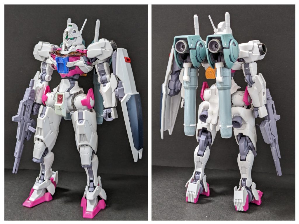 塗装一歩手前。太もも裏と膝の大型バーニアに一目惚れしたので（伝われ）、基礎的な構造についてはミキシングなどせずそのままに、同じくらい大きいバーニアを背部・肩に追加してフルバーニアンにした次第です。