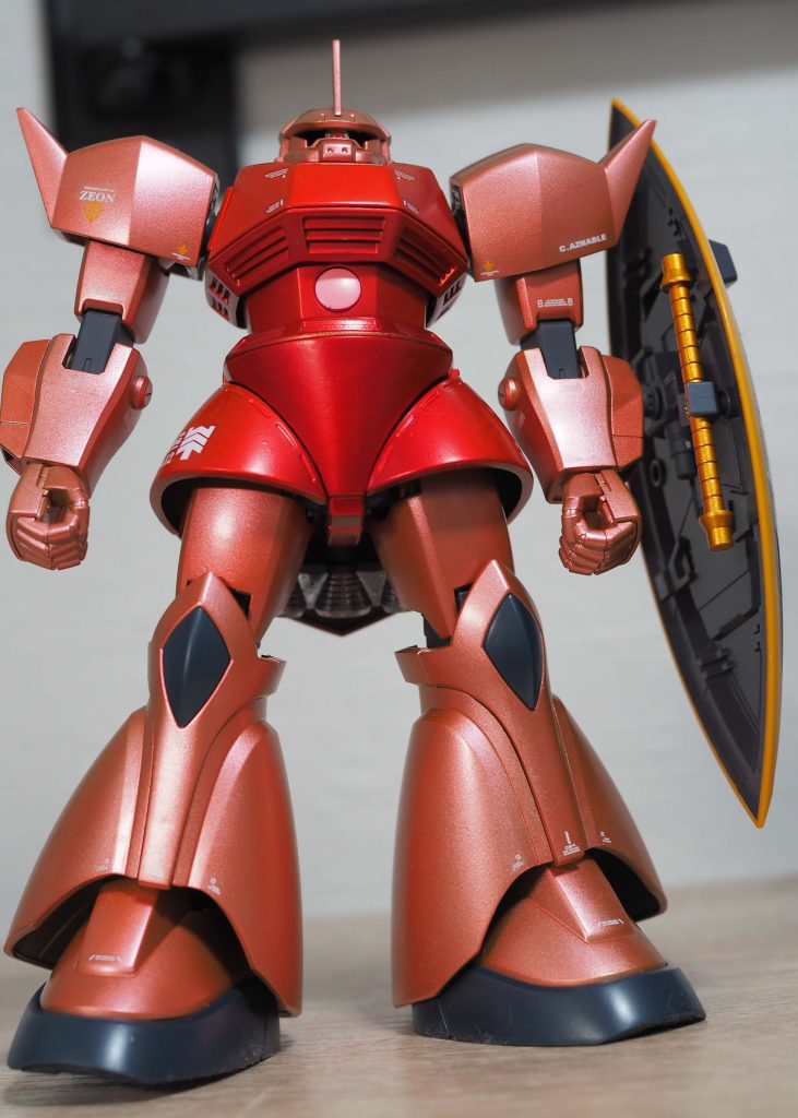 ピンク部分：ガンダムゴールド下地＋ガンダムメタレッド2回吹き＋プレミアムトップコート半光沢赤部分：ガンダムゴールド下地＋ロイヤルメタレッド＋プレミアムトップコート半光沢ピンク部分：ガンダム蛍光ピンクビームナギナタの柄：ガンダムゴールド下地＋メタリックオレンジ2回吹き＋プレミアムトップコート半光沢関節：MSVダークグレー＋プレミアムトップコートつや消しスラスター外側：ガンダムメッキシルバースラスター内側：ガンダムホワイト下地＋コスモメタブルー＋プレミアムトップコート光沢シールド内側：ファントムグレー（スプレー缶）