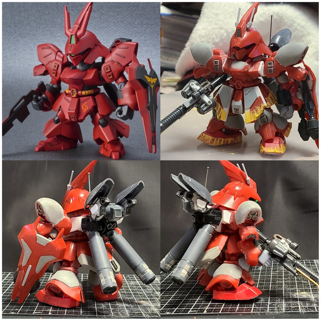 ストレート組との比較。書き忘れてましたが、股間部となぜか一体型のフロントアーマー(そしてなぜか股間部をボールジョイントで繋ぐ方式)は切り離して、独立可動させてます(過程2右上の画像参照)。前後のアーマーは延長してあります。