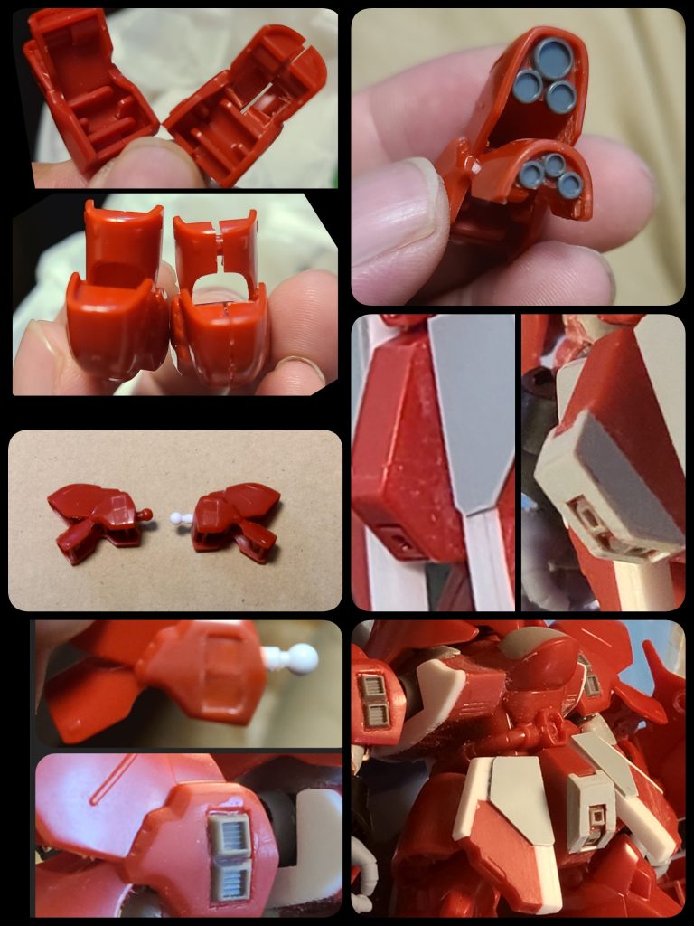 肉抜きもあれば、空いてるはずのところが塞がってるなんてのもあって、肩アーマーの二の腕ガード?が塞がってたので穴あけ。肩口、二の腕ガードともに、3連スラスターはオミットされているのでこれまた市販の丸ノズルを配置。肩前面のスラスターはエッジがぬるいので削り取って、段落ちに彫って、市販の角バーニアを埋め込み。股間のスラスターも同様です。胴体の横を、プラ板を貼って幅増ししたので接続軸を手持ちのモノに変更しています。それによって胴体側の肩辺りから軸が丸見えなので、市販の丸ノズルを開口させたものを間に挟んでいます。