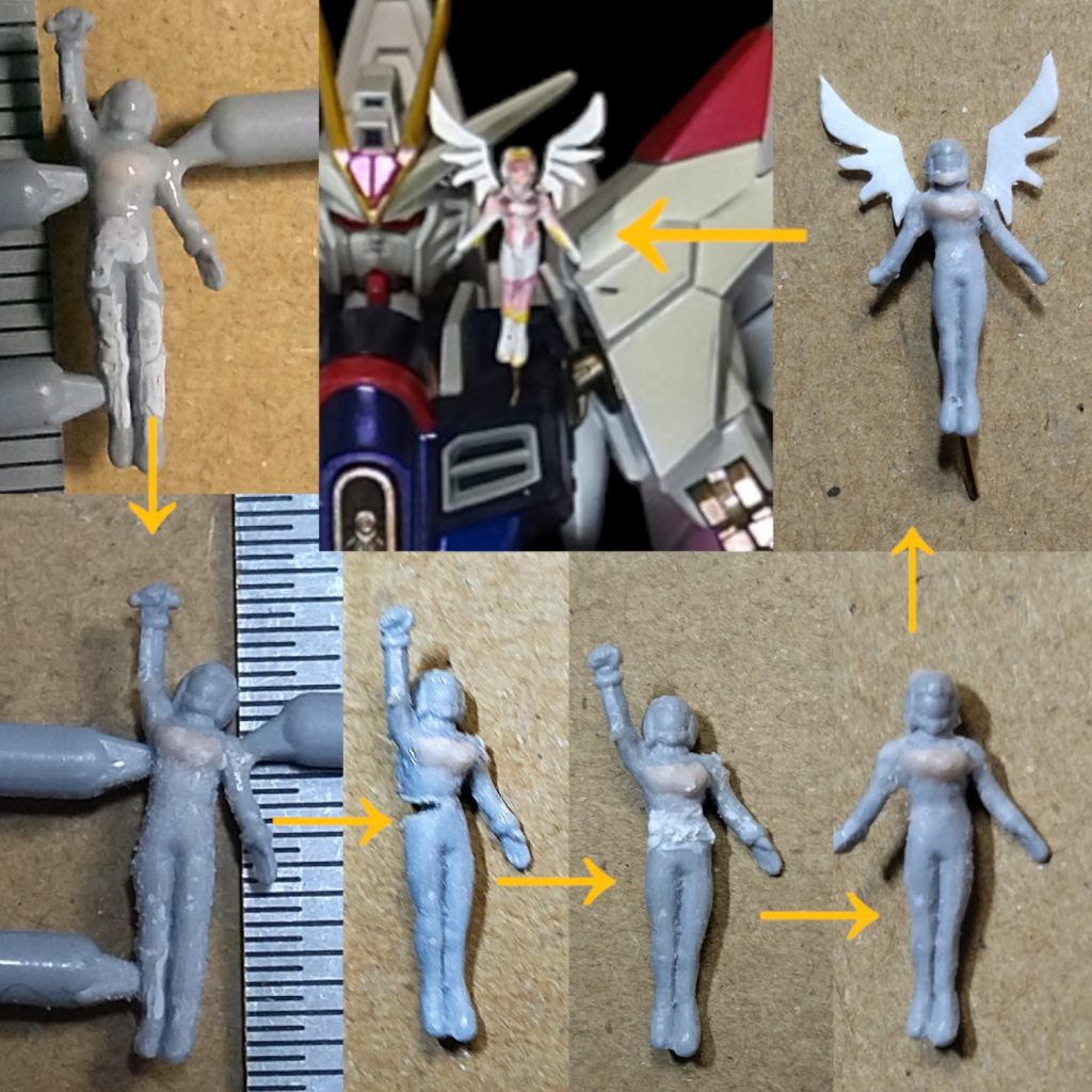 なんちゃってラクスの作り方😁ビルダーズパーツの1/144フィギュアを改造しています。姿勢を変えるときはくさび形に切れ込みを入れてから強引に曲げ、隙間を瞬間接着パテで埋めてます。ポイントは、だいたいそれっぽければOKと妥協することです!🤣