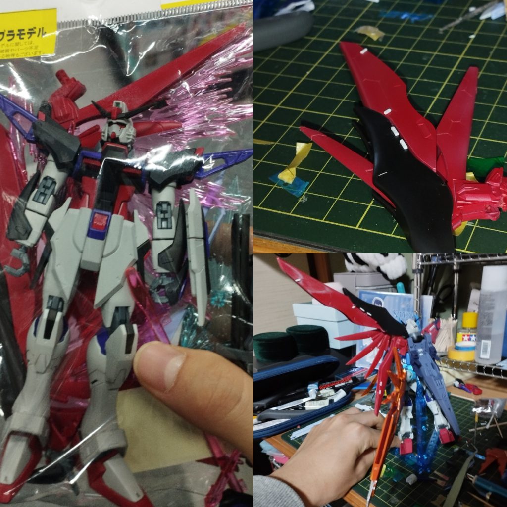 かるーく制作過程的なものを左:ジャンクで売られてました、こいつが素体です。右上:こんなふうにディテールアップしました。右下:結構多くのキットを使いました。デスティニーの他には我が家のジャンク達の中からイモータルジャスティス(肩部や武装)、OOスカイ(GNドライブ、武装)、スクランブルガンダム(翼部)、ガンダムイージスナイト(バックパック)、ビルドストライクエクシードギャラクシー(腰部アーマー、シールド)、ジュピターヴガンダム(ビット)分かりずらいですがGNドライブ使用してるため設定を掛け合わせましてこうなりました!また塗装中にパーツ(しかも腹部)を紛失し、イモータルジャスティスから貸借するというミス等ありましたが、結果的に腹部延長にもつながり結果オーライかなと思います。ご覧いただきありがとうございました!