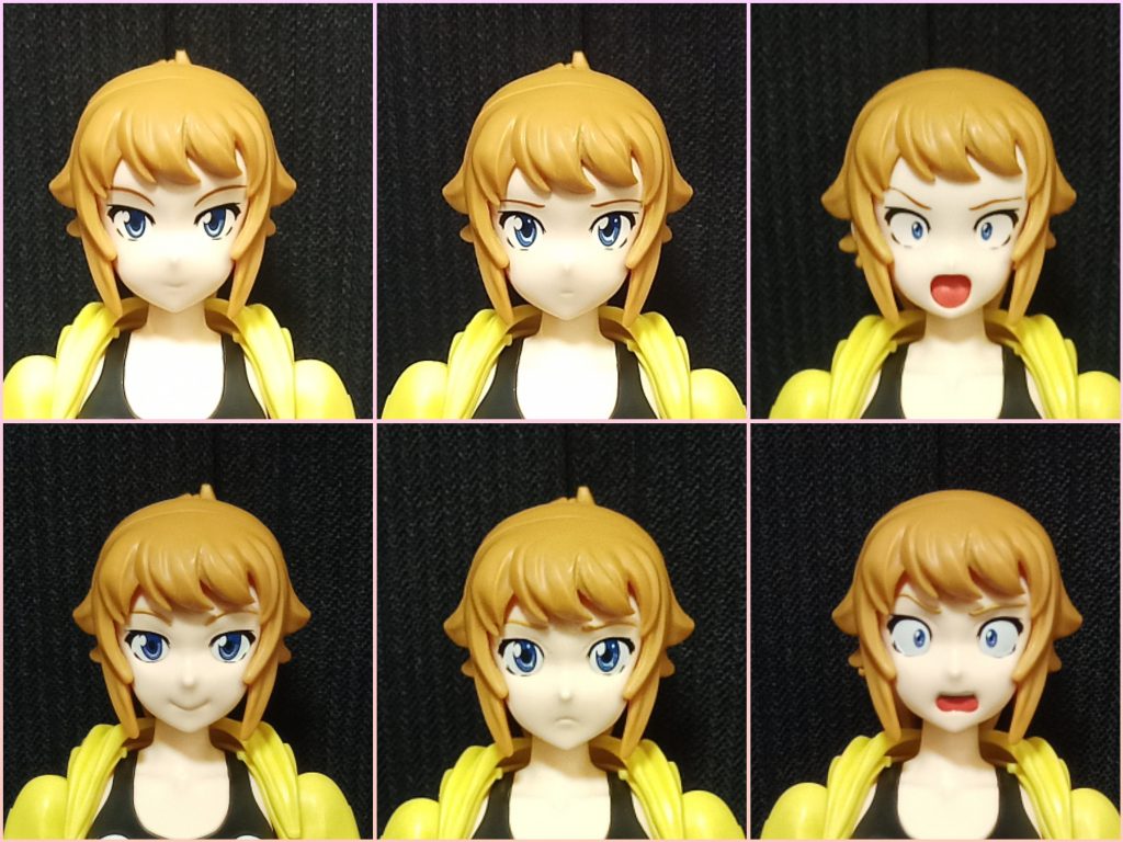 元キットパーツとの比較(上段=30MS、下段=元キット)瞳や眉デカールの数にあまり余裕がない為、元キットの方は瞳をホイルシール、眉は塗装にしてデカールは予備を確保しました^^;