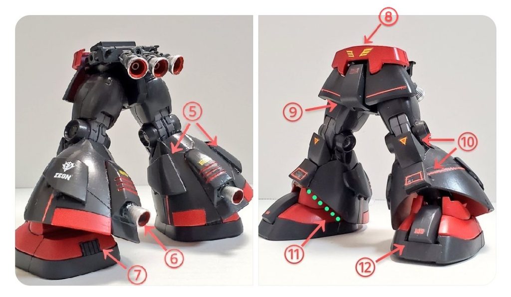 改修ポイント下半身～🤩✨⑤プロトタイプドム最大の特徴の１つである足スカート側面スラスター🎵すんごく悩み試行錯誤の結果❕スラスター部分だけ切り出し整形し貼り付けました😅💦今回の改修で最も時間がかかったポイントです😢✨⑥足裏側バーニアは切り出して準備😆ドムのスカート側をバーニアの形状に切って合わせてます😎✨⑦足スカートを引き上げないと見えないポイントですが、くるぶし🦶部分に旧キットのダクトパーツ？を合わせ込みました💡⑧お腹のベルト部分は移植が難しいのでHGUCの方の形状をいじって、それなりにしてます🎵⑨股関パーツは旧キットから切り出して装着👍⑩膝、スネ部分も旧キットから切り出して✂️合わせました😊🎶ここもプロトタイプ表現で外せないポイントです😎✨⑪足スカートの前面を点線に沿って切り、足首が少し見えやすくするように改修～✴️その方がプロトタイプっぽく見えると思っての改修です👍⑫足首は以前、ドムトロピカルタイプ🍹を制作した際に余ったドムの足首パーツを改良して使用しました🎵真ん中の甲の部分は旧キットのパーツを当て込みました💪✨下半身は改修ポイントだらけで、まとまるのにとっても時間がかかりました～😱💦