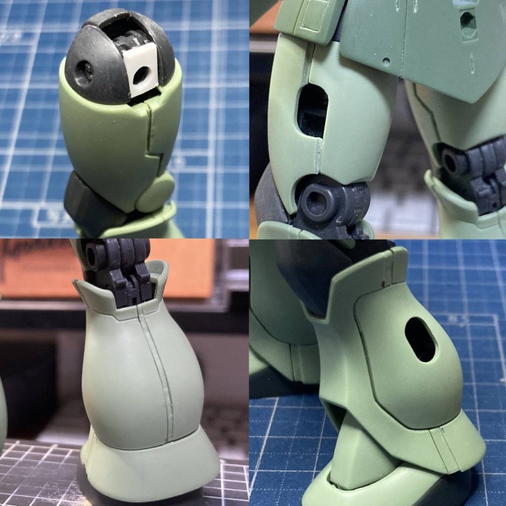 スカート部:別体感を表したいので各部上端を削り込み。下端の内側を削って薄肉に。(大腿部との接触による塗装剥がれを見えにくくしたいのが目的)バックパック:凹部を開口。バーニアはフチを薄く削り、壽屋のモビルパイプ追加。大腿部:接続部に1mmプラ板追加。ふとましい太もも感を狙って合わせ目の段落ちを太くしました。(分かりにくい(zaku-kao9))脚部:ふとましい脚感を狙って合わせ目の段落ちを太くしました。(分かりにくい(zaku-kao9))足部:キットのままだと設置性難なので、踵に接触する関節にプラ板を重ね、内部でつま先立ち状態にしました。これでクルブシアーマーとの隙が広がって設置性向上。足長効果もあり。これは発明だ!と思って小躍りしましたが調べるとどなたかがやってらして、更にもっと素晴らしい方法も見つけてまぁそんなもんだよなと消沈しました。