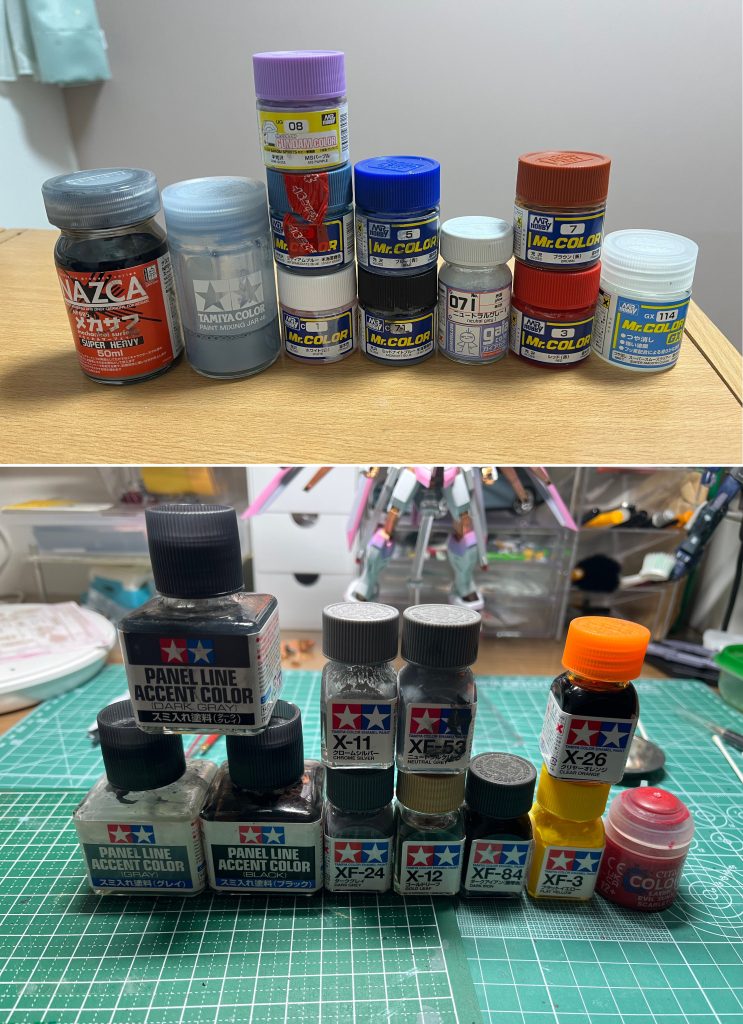 ●使用塗料説明書記載のカラーレシピ通りに調色してます。今回初めて調色瓶を購入しました! 1/100サイズなので途中で塗料なくなって調色が面倒だったので大量に調色することに関節・武器:メカサフ HEAVYトップコート:Mr.カラー スーパースムースクリア(つや消し)