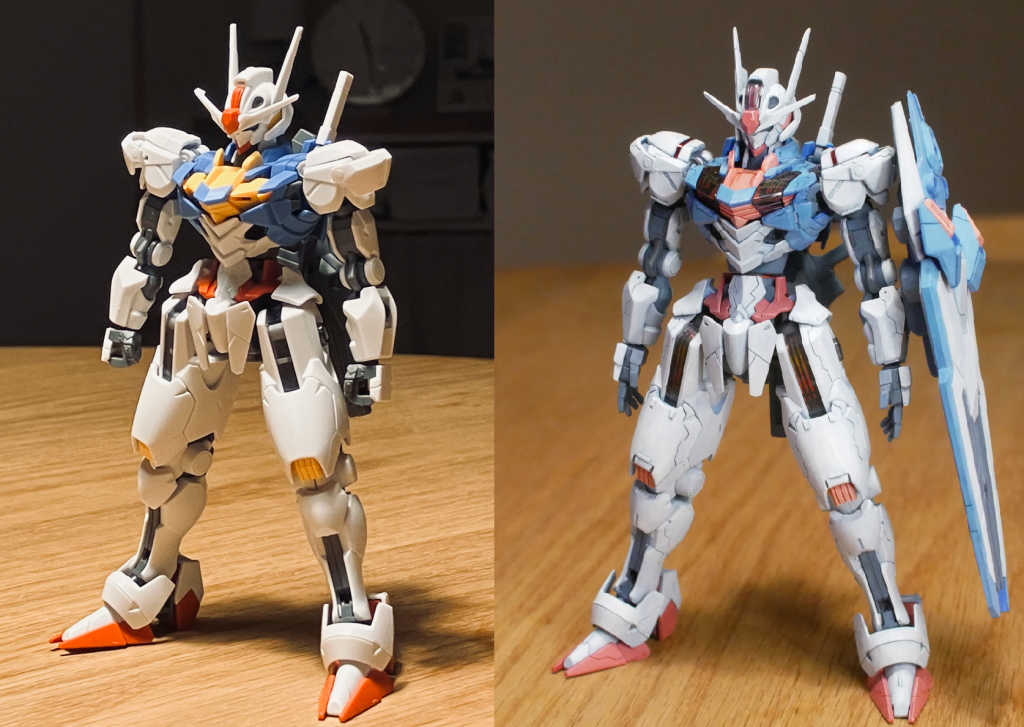 ビフォアアフタその1プロポーション変更は肩幅を短縮腕の位置を1mm程度、型の付け根で下げる襟(青い部分)を少し上にあげるクビ(白い部分)を少し前に(首が太く見えるため)腹部を1mm程度延長つま先を2mm程度短縮