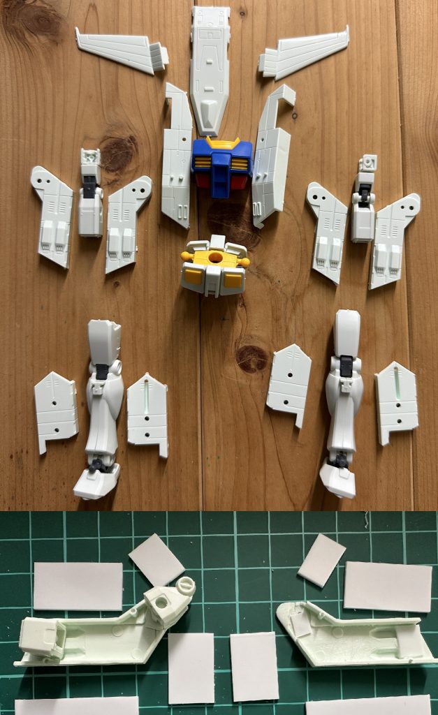 1/2400ホワイトベース(旧キット)とエントリーグレードのガンダムの部品の大きさを比較。サイズ的に大掛かりな手を入れなくても、切り貼りで何とかできそうとの結論に。