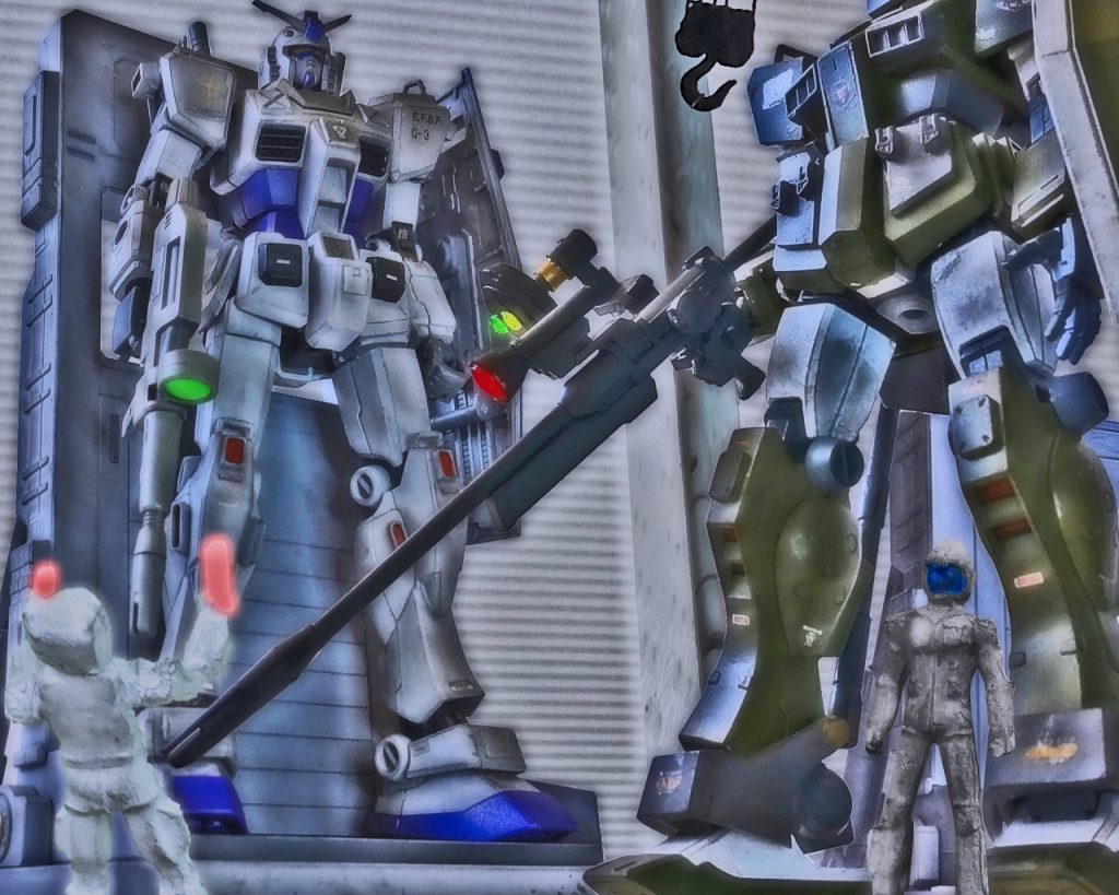 「アンタ達、さっさとどいてっ！MSが出るんだよっ！」モーラが何やら怒鳴っている。ゼノとチェスターはMSに火を入れ、各システムの確認しつつその光景を見ていた。「なんだぁ、誰がいる?」「あれですよ。アナハイムやヤシマの人間です」「なんであの連中がこんな所にいるんだ?」「アナハイムはこの艦の造船元ですから。技術系の人間がオブザーバーとしているんですよ」「けどMSデッキにいる必要はないだろ?」「アナハイムもMS事業に参戦するつもりなんでしょう。母体もデカいですし、デッキへの立ち入りも上が許可したんじゃないですか。それに加えて連邦陸軍に売り込んでいるヤシマ重工と言い、軍艦の中とは思えませんよ」「そういやジムやガンダムのオプション追加武装はヤシマ製とか言っていたな」「噂じゃホワイトベースにはヤシマ重工のご令嬢が乗っているらしいですし」「難儀な話しだな」すると2人のコクピット内に無線が入る。「イーゲル中尉聞こえるか?」モスク・ハンからだ。「何でしょう?」「実戦での戦闘データは貴重だからな。良い成果を期待している。それから、そのガンダムの宙間特化型の外装はスペアがほとんどない。次のデータが取れなくなるから壊さんでくれよ」「…善処します」(…技術屋はパイロットよりMSの心配かよ)