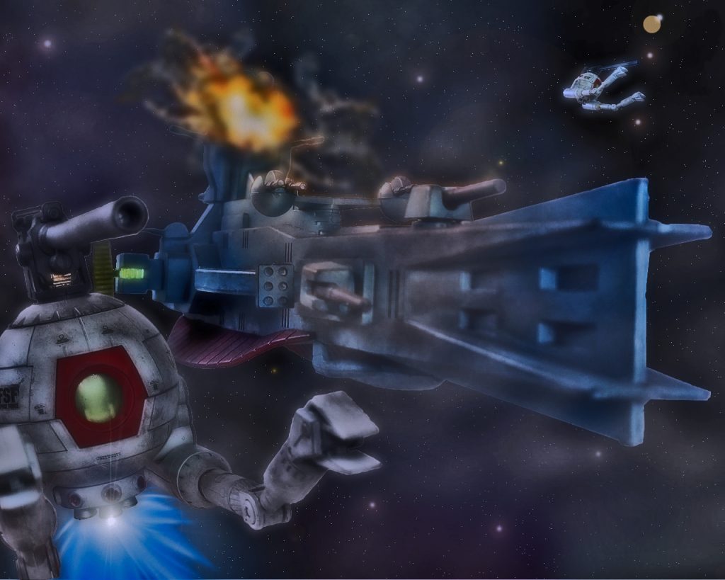 「ああっ、リヴァプールがっ…⁉」護衛のボール部隊は大破したリヴァプールを目視すると離れてセントルシアの近くまで後退する。「こっちだって分からないぞっ⁉戦闘ブリッジが被弾している！」リヴァプールに随伴していたセントルシアも敵の攻撃を受けていた。「敵はいったいなんなんだっ⁉長距離からのビームなんて戦艦でもいるのか!?」「俺が知るかよ!セントルシアも通信が途絶えたぞっ！」母艦を失ったボール部隊は改めて陣形を整えようとしているが、動揺を隠しきれず焦った動きをしている。ボール、サラミス共に未だ敵の姿を捉えられてなく、攻撃は長距離からのビーム攻撃で不意打ちにあったのだ。このような攻撃であれば戦艦や巡洋艦といったな大きな物が考えられるが、レーダーや目視ではその様な反応や姿は掴めなかった。「おいっ、艦から離れろっ!!」