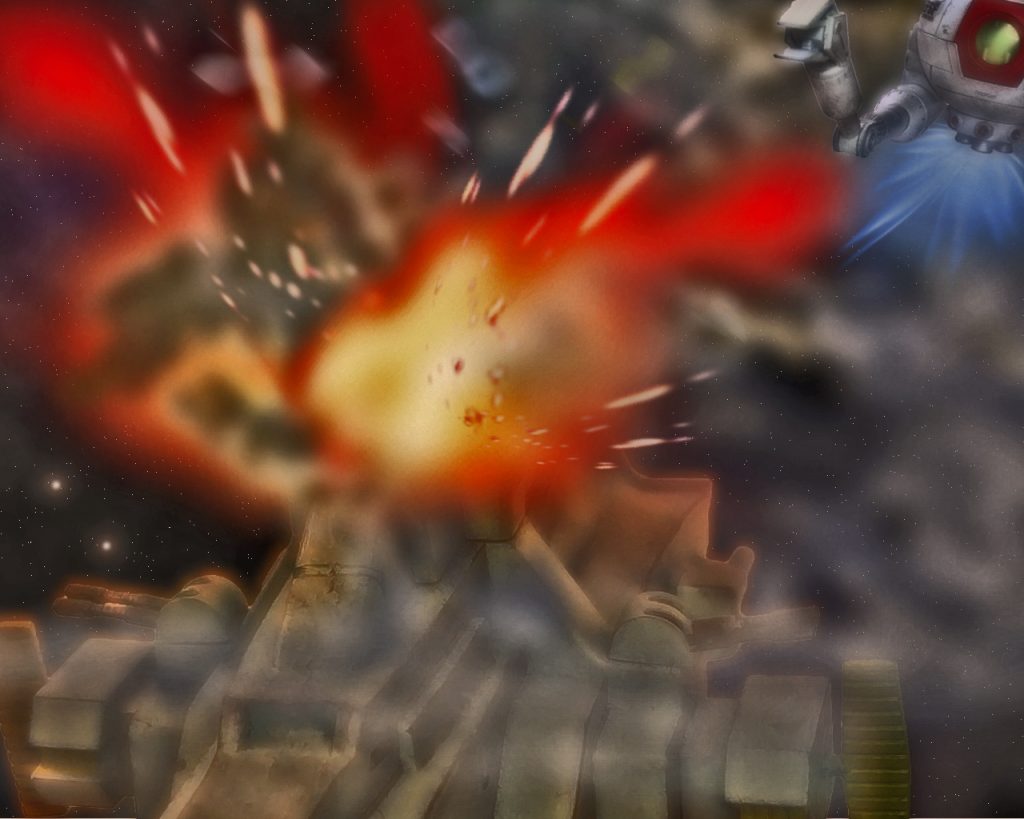 「うわぁぁっ…!!!!」セントルシアのブリッジが勢いよく爆発すると、周囲に大きな破片を散らす。艦にいた兵達は無事なのだろうか。ボールのパイロットは最早そんな事を気に掛ける程、余裕は無かった。爆発によるサラミスの破片を避けるので手一杯であり回避運動に集中する。それでも爆風に煽られバランスを崩し回転しながら流されたり、また各機バラバラになる。