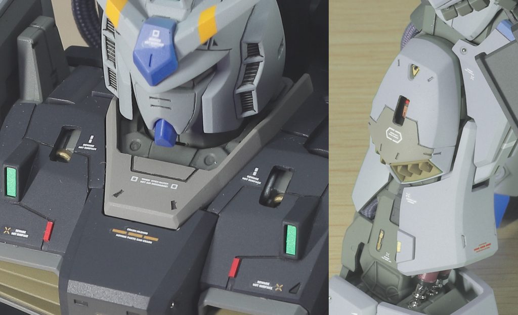 そして今回特にやってみたかったのが、MGならではの見せ場、内部フレームのチラ見せ。イイ感じにコチャッと詰まったディテールが入っている箇所を探し、そこが覗けるように装甲に穴を開けます。穴の奥でキラリと光るように内部ディテールをメタリックカラーで塗り分けて…ってまあ、胸の方は割と狙い通りにできたと思うんですが、脚の方はディテールが少し奥まったところにあるので、影になってなかなか見えない…。