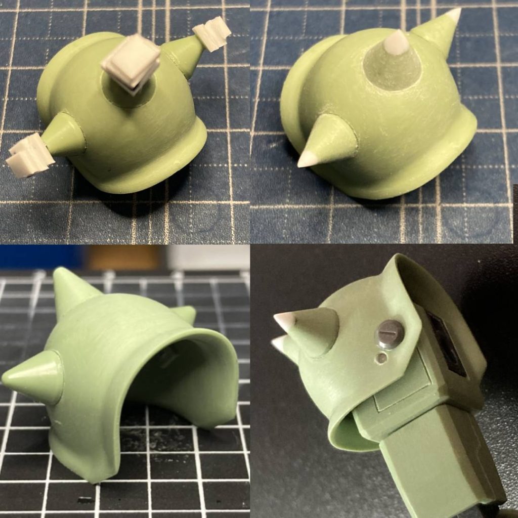 肩部:スパイクアーマーのフチは金属感を増したくて薄々に。(分かりにくい) スパイクのシャープ化、シールドの接続位置を1.5mmほど上げています。これをすると首の位置が沈んだみたいになります。(錯覚)