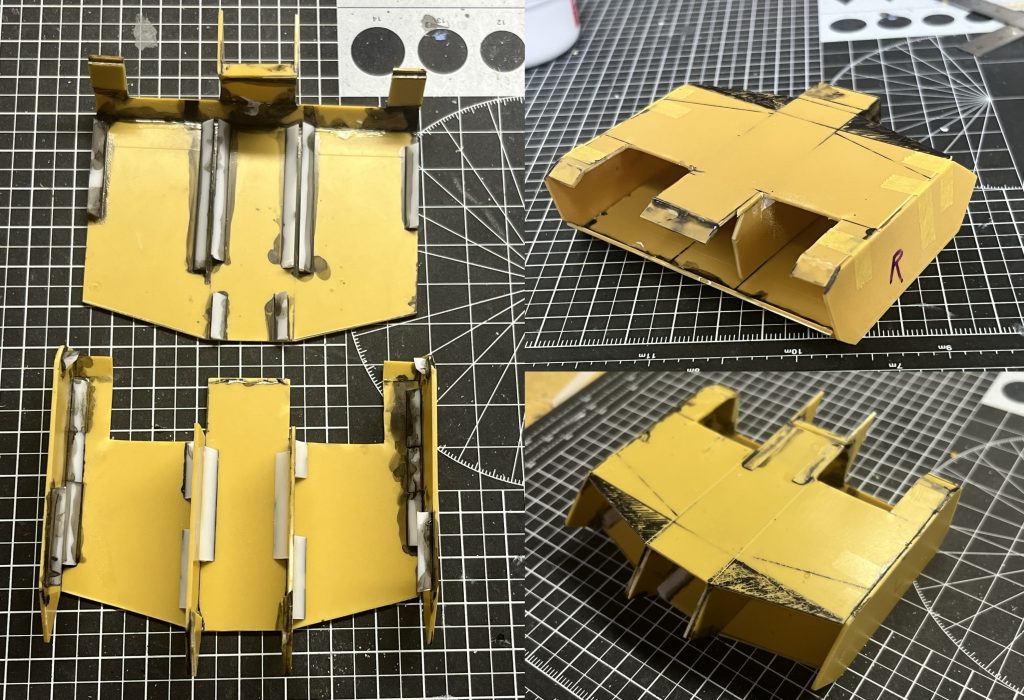 胴体1ミリのプラシートで別々に箱組みをし、内側には差込口の作成・接着面を補強するために三角棒、角棒を仕込みました。