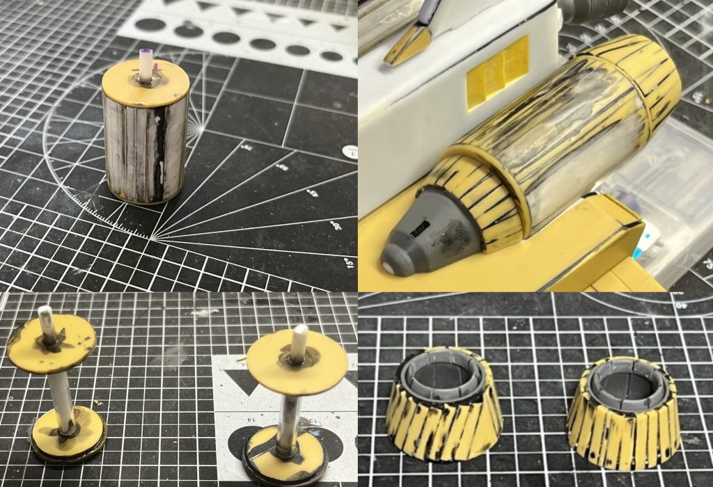 エンジン左右のエンジン(円柱部分)はプラ材で制作しました。前と後ろの部分はWAVE「Uバーニア/L1」を使用しています。内側にはHIQPARTS「STDスラスター」を接着しています。