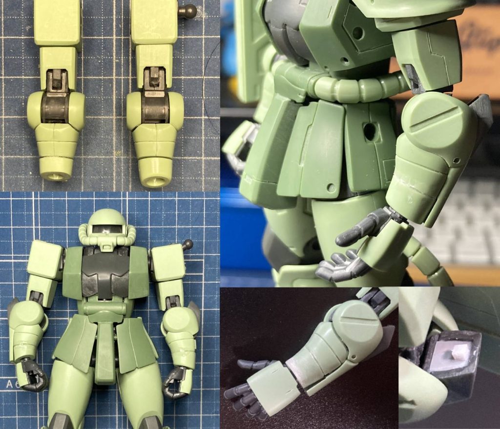 腕部:合わせ目消し。肘と手首を削って2mmほど短縮。(ホントはもう2mm短くしたかった(zaku-kao9)) F2型のような太マイナス追加。手首先端は斜めから平坦に形状変更。肘部の肉抜きはプラ板で塞ぎました。