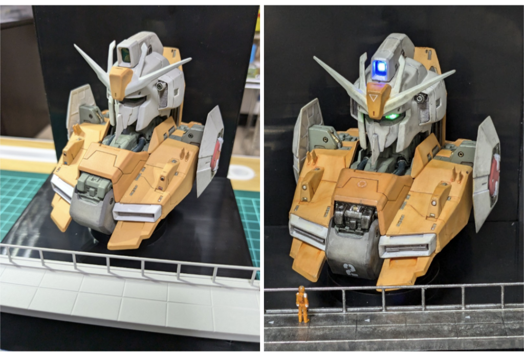 ビフォー&アフター。LEDを入れて、部分塗装&ウェザリングしてからパイロットを配置！100均のミニチュアベースカスタマイズシールも使ってみましたが良い感じになりました。