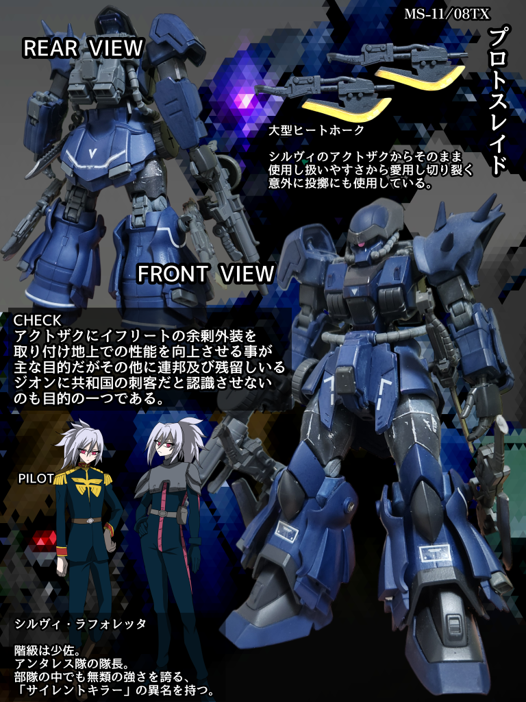 一年戦争時ジオンに運用された機体MS-08TXイフリート。数少なく希少の機体の余剰パーツ及び外装パーツをシルヴィのアクトザクをベースに取り付け地上での性能の向上させる目的があるが、希な見た目で地上に残留しているジオン残党に共和国の刺客だと知られないようにしている。生物兵器アスタロスの所在を掴むため他の隊員より先に地球に降りて一機で戦闘する事を想定しいつくかのモジュールを設計に取り入れており「近接型」「狙撃型」「索敵型」など状況に応じて装備を用意している。地上での移動の際はサムソントレーラーを改造した大型トレーラーに搭載される。試作機として二機が作られたが二機目の方は出力などの性能を向上させ過ぎて調整中であり搭乗者はディランを想定している。本来は名無しで型式番号が名称だったが整備士から呼びづらいということでイフリートでもアクトザクでもない「プロトスレイド」という名が付けられた武装は改良型ザクマシンガン、ショットガン、大型ヒートホーク、低出力ビームサーベル、ビームライフル、ヒートダガー、内蔵式三連装ガトリング。パイロットはアンタレス隊隊長シルヴィ少佐。「サイレントキラー」の異名を持っている。