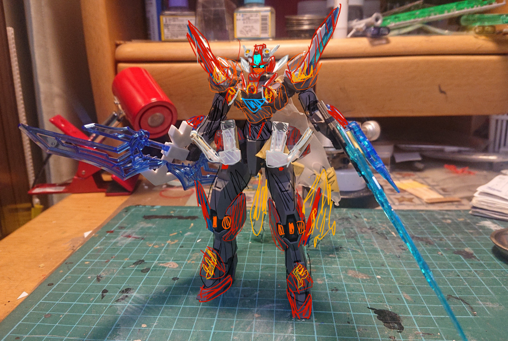 KI(カラー一覧)オレンジ・・・ガイアサフ→アルティメットホワイト→ピュアオレンジキャンディオレンジ・・・黒サフ→ブライトシルバー→GXクリアーオレンジ黒・・・クレオス黒サフ1500イエロー・・・アルティメットホワイト→燈黄色銀・・・黒サフ→ブライトシルバーイグナイターガンメタ部・・・スターブライトアイアンの出涸らし