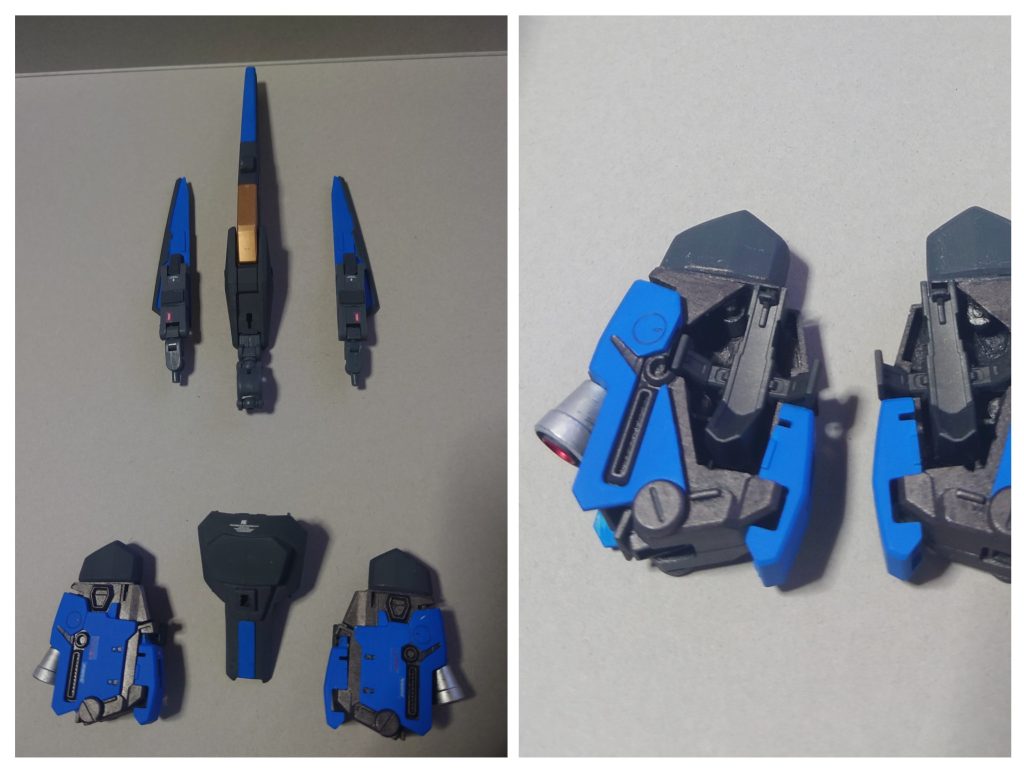 追加パーツたちスタビライザーはゼータのまんまです。スタビライザーを機首にするとゆー発想はSガンダムのパク…オマージュです。左右のブレードとシールドはジムスナイパー2のシールドを切り刻んで作りました。バリュートパックを装着するための基部(写真右側の十字部品)を使いたくて脚部ユニットを作りました。Sガンダムの肩の内部パーツをほぼそのまま使用